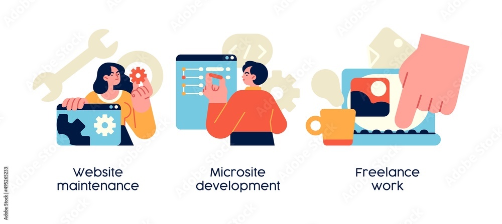 Poster web design, programming and coding idea. remote job, freelancer cartoon character. website maintenan