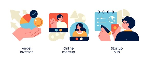 Startup investment platform - set of business concept illustrations. Angel investor, online meetup, startup hub. Visual stories collection.