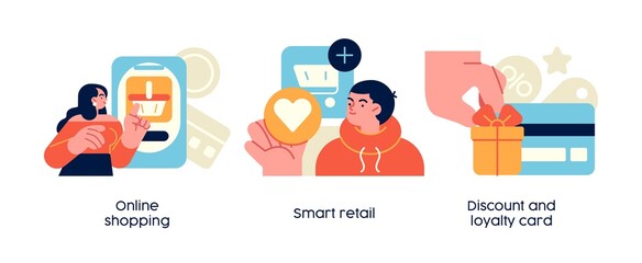 Fototapeta na wymiar Online shopping- set of business concept illustrations. Smart retail, discount and loyalty card. Visual stories collection.