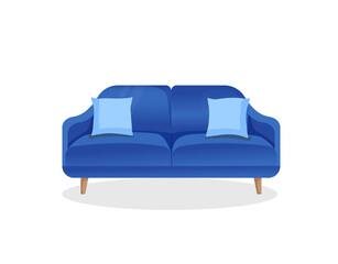 Comfortable luxury blue sofa with pillows on an isolated white background. Vector illustration of a stylish home couch for interior design. Modern furniture. Icon, element.