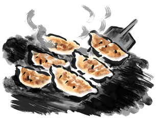 餃子を焼いている手描き和風イラスト　ベクター
