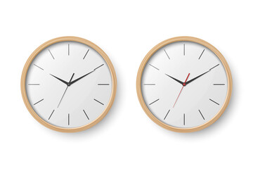 Vector 3d Realistic Wooden Brown Wall Office Clock Icon Set. Design Template of Wall Clock Closeup Isolated on White. Mock-up for Branding and Advertise. Front View