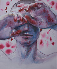 The photo shows a drawing. A man closes his eyes with his hands on the hands of the blood around the blood stain. War.