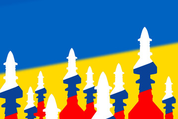 Silhouettes of combat missiles on the background of the flag of Ukraine. Conflict between Russia and Ukraine. The concept of militarization.