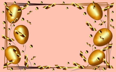 Vector greeting card. Place for an inscription. Golden balloons and confetti.