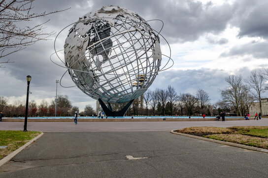 Unisphere with New York State Pavilion Observation Towers at Flushing-Meadows-Park, Queens, New York City during overcast winter day, horizontal