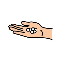 Hand holding a pill color line icon. Pictogram for web page