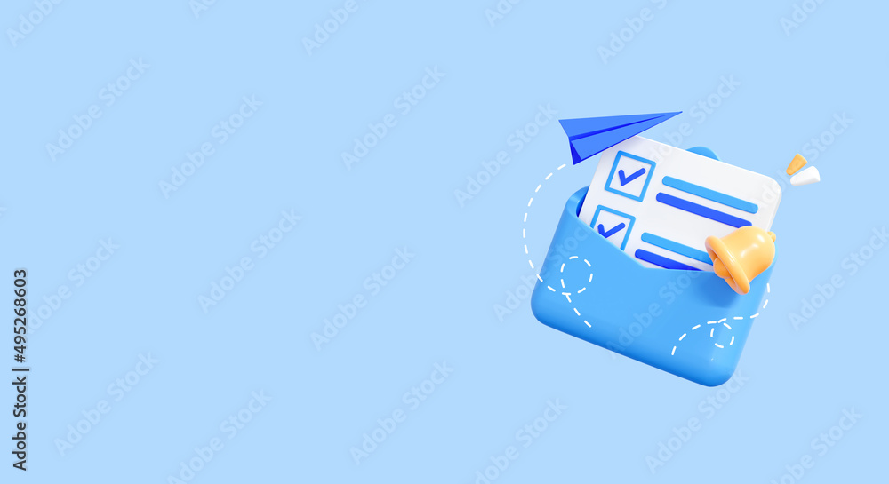 Poster 3d letter with completed task or checklist in envelope isolated on background with empty copy space 