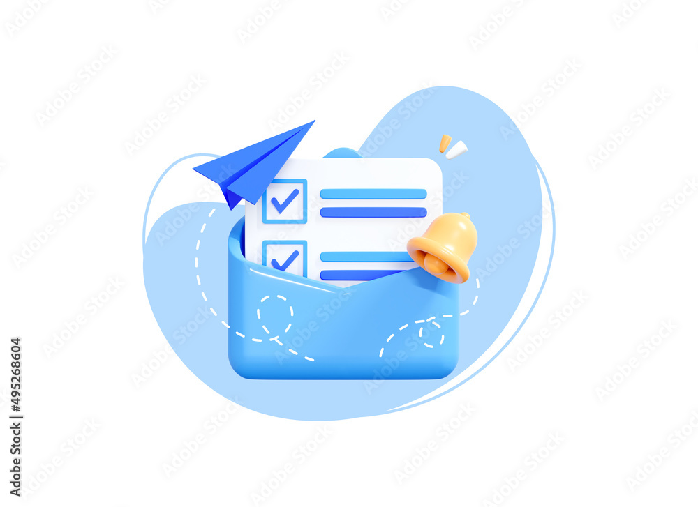 Poster checklist or report document send in envelope on email. completed task list concept. realistic bell 