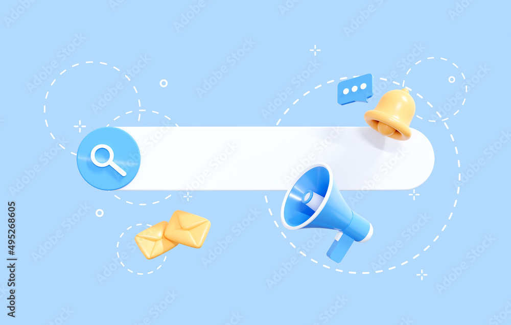 Poster 3d search bar with realistic megaphone and bell. navigational search on the site or the internet. we