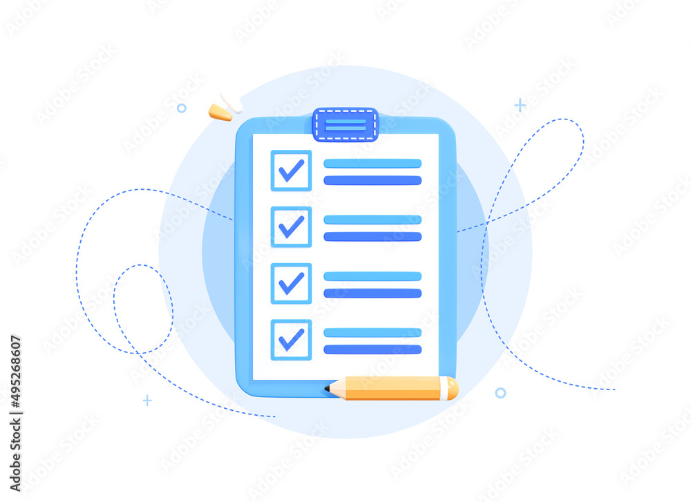 Poster 3d clipboard with checklist. paper document or report with completed task. realistic cartoon element