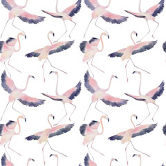 Watercolor seamless pattern with dancing flamingos. Hand drawn illustration on white background