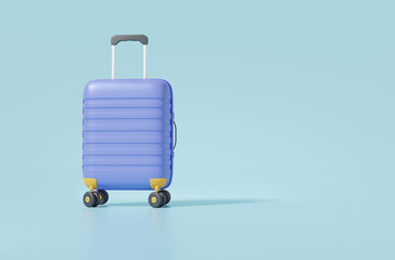 Obraz premium Cartoon minimal Purple suitcase mockup of travel on isolated blue background with copy space, leisure touring holiday summer concept. 3d render illustration