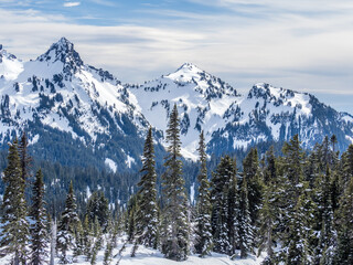 Winter view of Pinnacle Saddle from Skyline trail in Mount Rainier National Park