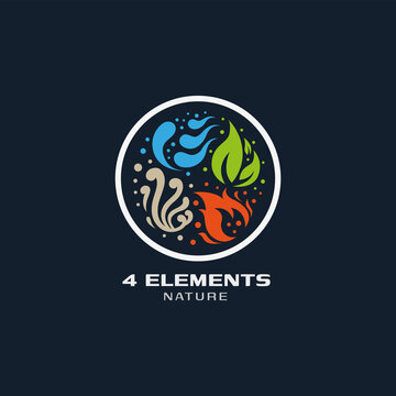 Four element nature icon logo vector. Abstract Wind, Air, fire, water, earth symbol at round circle design concept.