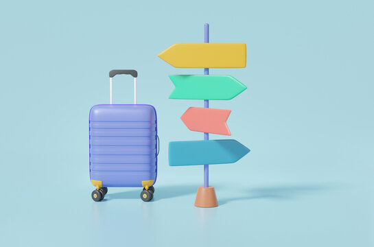 Leisure touring holiday summer concept. Purple suitcase and signpost mockup of travel on blue background, isolated, cartoon minimal. 3d render illustration