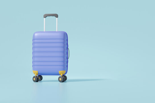 Cartoon minimal Purple suitcase mockup of travel on isolated blue background with copy space, leisure touring holiday summer concept. 3d render illustration