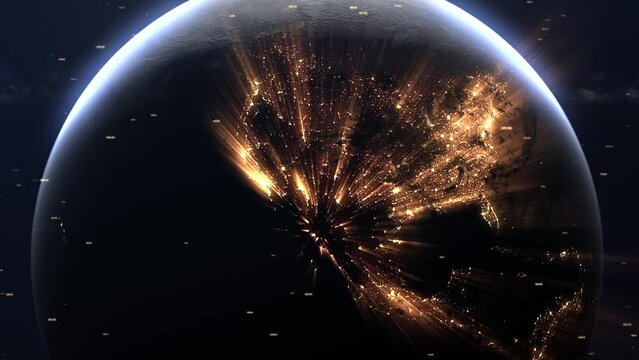3D animation rendering of futuristic planet earth from space. Abstract animation of globe in digital space