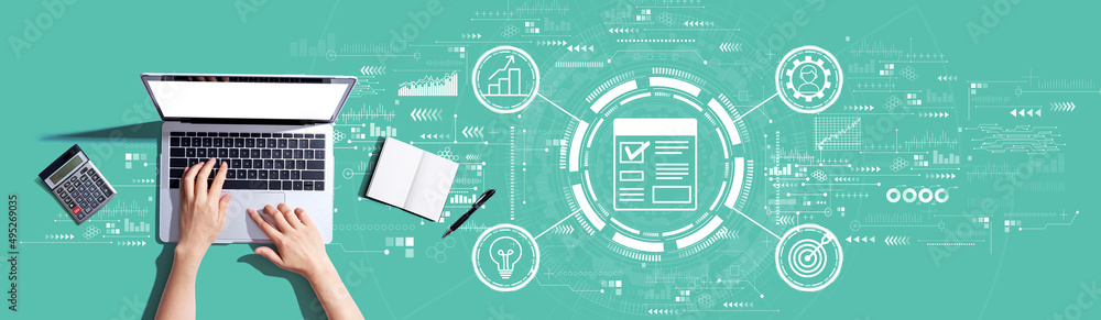 Poster project management theme with person using a laptop computer