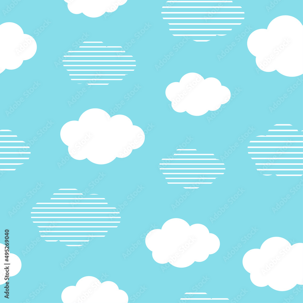 Wall mural seamless pattern background with white fluffy cartoon clouds on light blue sky. vector illustration 