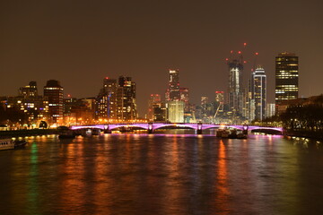 London city skyline, U.K. A night view from Westminster bridge.
