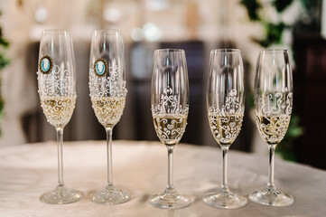 Glasses of champagne on table. Party and holiday celebration concept.