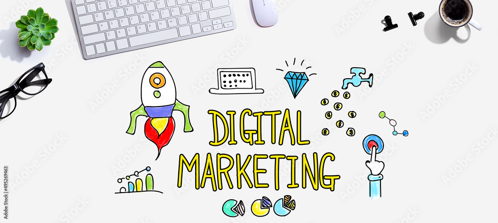 Poster digital marketing with a computer keyboard and a mouse