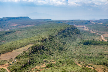 Aerial view of a shrub-covered ridge of the Great Rift Valley southwest of Nairobi, Kenya, East...