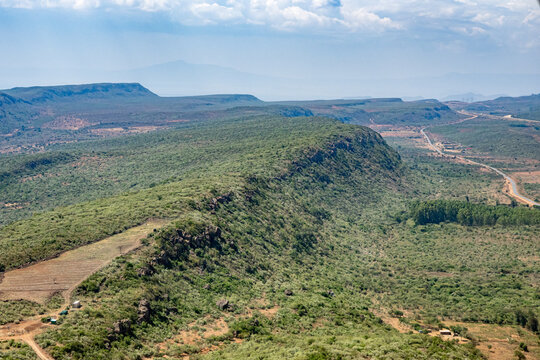 Aerial view of a shrub-covered ridge of the Great Rift Valley southwest of Nairobi, Kenya, East Africa