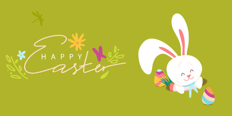 Rabbit Egg hunt design concept. Happy Easter greeting card with bunny and eggs. Vector Illustration horizontal banner. 