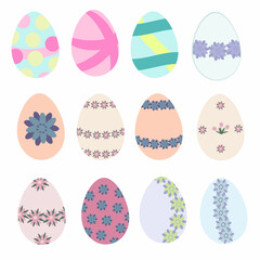 Colorful set of Easter eggs with multi-colored decor of flowers and shapes