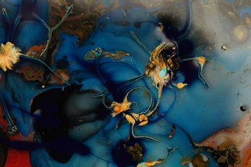 Foto op Plexiglas Macro Abstract bubble marble texture background. Acrylic gold and blue color in water and oil. © Liliia