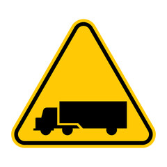 Truck warning sign. Vector illustration of yellow triangle sign with lorry icon inside. Caution trucks isolated on background. Heavy goods vehicle HGV symbol.