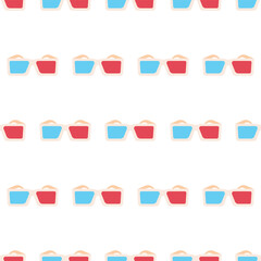 Hipster 3d anaglyph red and blue cinema glass icon. Flat retro seamless pattern, cover illustration.