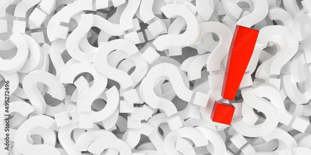 Poster red exclamation mark on heap of white question marks, problem or answer or solution symbol concept