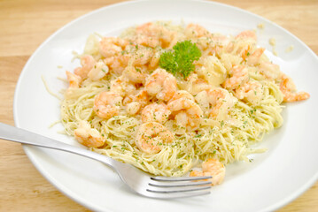 Spaghetti Served with Homemade Shrimp Scampi	