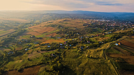 Landscape of a field and a village of western Ukraine. Aerial view.