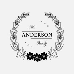 family monogram frame with floral decoration vector illustration, emblem badge monogram with blank space for family, greeting and wedding