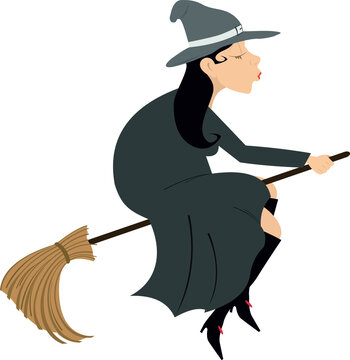 Beautiful woman witch flying on a broom.
Beautiful woman witch flying on a broom, pop art retro illustration. Halloween character isolated on a white background
