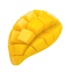 Yellow mango cut into cubes on a white background