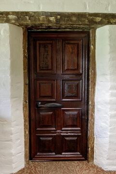 Door And Adobe Wall In Mission Santa Clara De Asis In Santa Clara, California, USA.