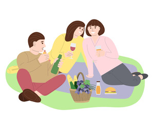 Two girls and a guy at a picnic. A group of young people relaxing in nature in the park.  Flat vector illustration on white background. For print, web design.