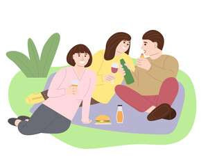 A group of young people are relaxing in nature in the park. Two girls and a guy on a picnic. Flat vector illustration on white background. For print, web design.