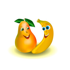 Funny fruits isolated on a white background, vector illustration with cute graphic fruits, banana and pear. Cute print for children's clothes. Decoration of juices, yoghurts, muesli, sweets.