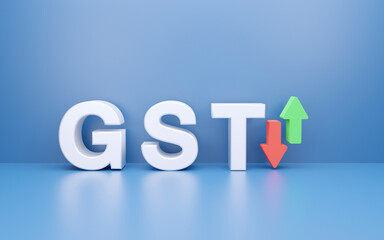 3D GST, goods and services and arrow isolated on blue background, Business and growth concept, Taxes include income, Taxation, Business, Finance, Money.