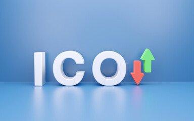 3D ICO - initial coin offering and arrow isolated on blue background. Fund Raising Activities in the Cryptocurrency and Blockchain Environment, 3D Rendering font character of high detail.