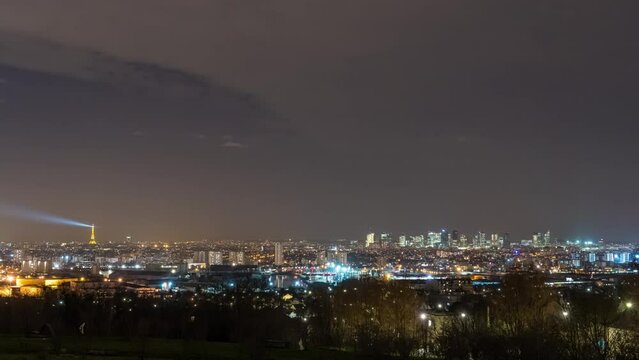 Cityscape of Paris at Night From Above Eiffel Tower and La Defense District