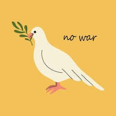 A symbol of peace. Dove with an olive branch on a yellow background. The concept of the world. Bird boho naive hand drawn style. Flat design, cartoon, vector illustration. All elements are isolated.