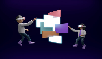 3D Rendering of girl boy with visual reality glasses sharing information platform concept of VR Metaverse technology. 3D Render illustration cartoon style.