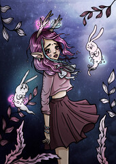 Adorable cartoon girl with pointed ears and horns, with her hair fluttering in the wind, in a skirt and a blouse with a large bow. A cute magical character with two little kind ghost hares and plants.